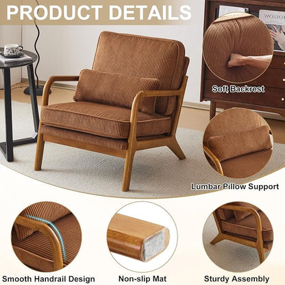 Karl home Mid-Century Modern Accent Reading Chair, Brown | Corduroy Upholstered, Solid Wood Frame, Soft Cushion, Lumbar Pillow, Lounge Armchair for Living Room, Bedroom, Balcony, Study