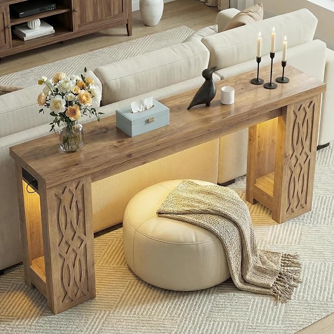 Cyclysio 63" Console Table with Outlet, Farmhouse Entryway Table with Colorful LED Lights, Wooden Sofa Table with Unique Carved Design, Foyer Accent Table for Entrance, Hallway, Living Room Natural