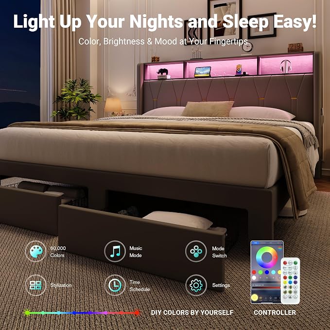 Allewie King Bed Frame with 2-Tier Storage Headboard, Charging Station & LED Lights, Velvet Upholstered Platform Bed with 2 Drawers, Wingback Headboard, Gold Button Tufted, No Box Spring Needed, Grey