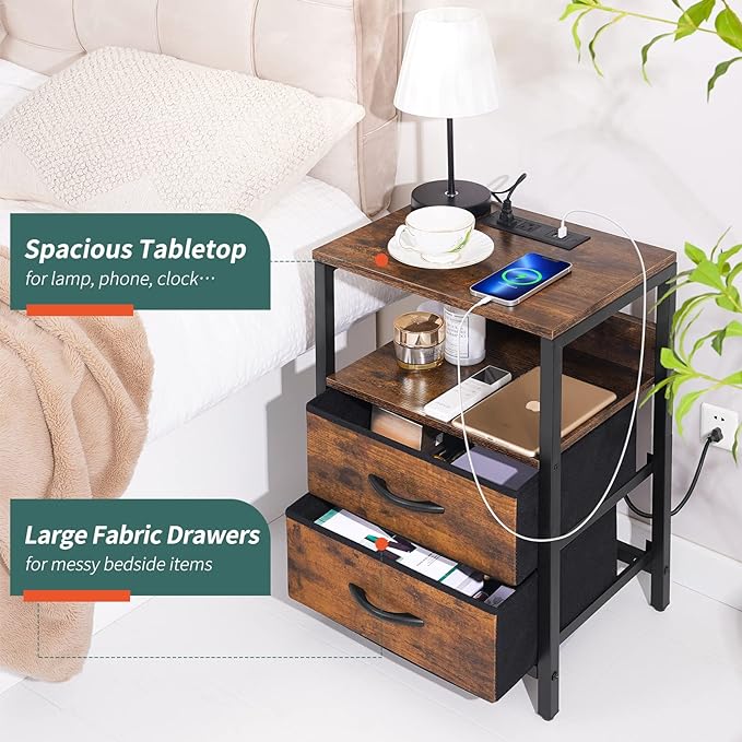 Yoobure Nightstand with Charging Station, LED Night Stand with Fabric Drawers and Storage Shelf for Bedroom, Nightstands Bedside Tables with USB Ports & Outlets, Small Night Stands, Bed Side Table