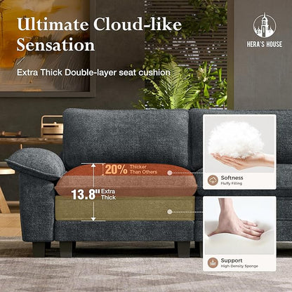 HERA'S HOUSE 88" Modular Sectional Sofa, L Shaped Couches for Living Room, Comfy Cloud Couch with Ottoman, 3-Seater Deep Seat Sofa with Throw Pillow, Chenille Blue