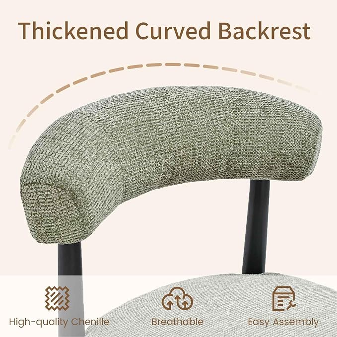 VKNOW Wooden Dining Chairs Set of 4 with Black Rubberwood Legs, Green | Soft Chenille Fabric, Curved Open Back, Thickened Cushion, For Adults and Family, Dining Room, Kitchen, No Wobble