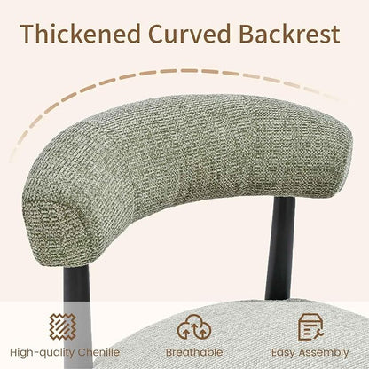 VKNOW Wooden Dining Chairs Set of 4 with Black Rubberwood Legs, Green | Soft Chenille Fabric, Curved Open Back, Thickened Cushion, For Adults and Family, Dining Room, Kitchen, No Wobble