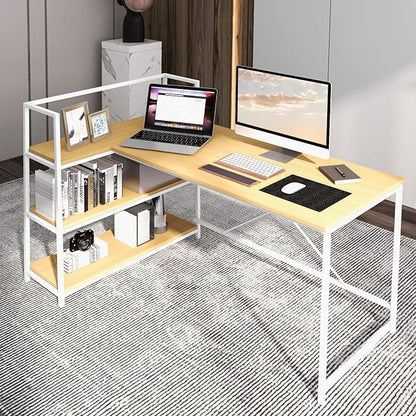 Tangkula Reversible L-Shaped Computer Desk, Space Saving Corner Desk with 3-Tier Storage Shelves & Metal Frame, Modern Executive Home Office Desk, PC Laptop Desk Workstation for Small Space (Natural)