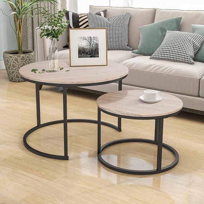 HOJINLINERO Round Coffee Table,Nesting Coffee Table Set of 2,Center Tables for Living Room,Office, Home Small Space,Stacking Side Tables,Sturdy and Easy Assembly,Wood Desktop,Black+Teak OAKDK,Large
