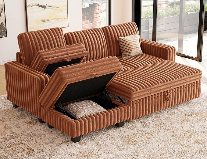Belffin Corduroy Modular Sectional Sleeper Sofa with Pull Out Bed Small Sectional Couches with Storage for Living Room Apartment Couch. Brick-red Couch