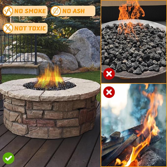 Fire Glass, Fire Pit Rocks for Propane Firepit, Fireplace and Outdoor Decorative, 10LB High Luster 1 Inch Amber Diamonds Glass Beads