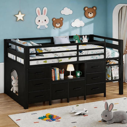 Einhomn Twin Low Loft Bed with 8 Drawers, Bookshelf, Heavy Duty Metal Kids Loft Bed with 13 Inch Safety Guardrail, Play Curtain, Under-Bed Play Area - Black