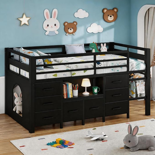 Einhomn Twin Low Loft Bed with 8 Drawers, Bookshelf, Heavy Duty Metal Kids Loft Bed with 13 Inch Safety Guardrail, Play Curtain, Under-Bed Play Area - Black
