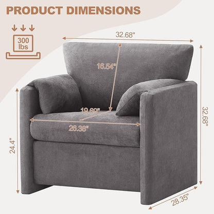 Oversized Accent Chair for Living Room, 32.68" Modern Armchair Set of 2 with Deep Seat, Mid-Century Comfy Reading Chair with Padded Arms, Large Chenille Single Sofa Chairs for Bedroom, Light Grey