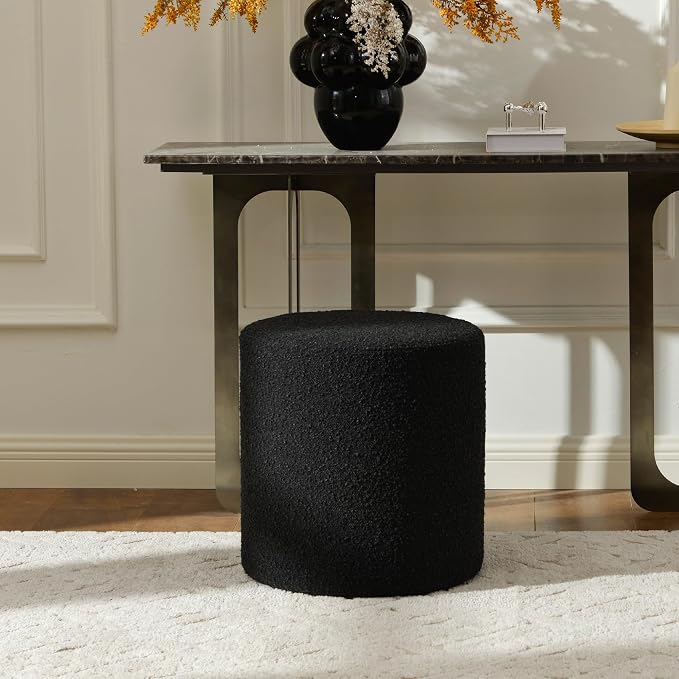 KINWELL 34" Boucle Swivel Barrel Chair with 18" Round Ottoman Set, Fully Assembled Set of Sherpa Accent Chair and Footrest, Modern Comfy Armchair and Footstool for Living Room and Bedroom, Black