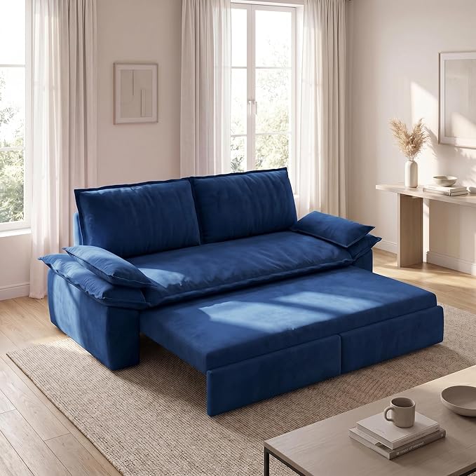 73.2" Sofa Bed Queen, 3-in-1 Pull Out Sofa Bed with Pillow Armrest, Modern Velvet Convertible Sleeper Futon Sofa for Living Room Small Space, Apartment, Bedroom, Blue