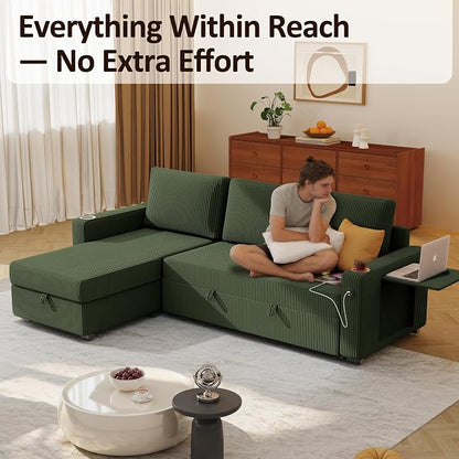Ball & Cast 80" Sectional Sleeper Sofa Bed Pull Out Couches for Living Room | L Shaped Convertible Pull Out Sofa Bed with Storage Chaise, Foldable Table, USB Port, Cup Holder, Side Pocket for Small Space