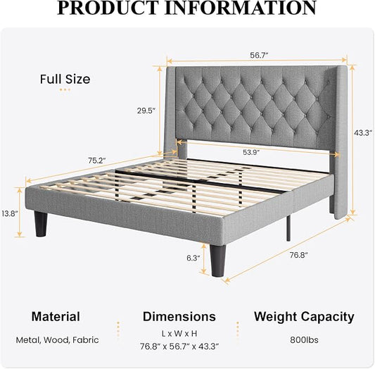 SHA CERLIN Full Size Upholstered Platform Bed Frame with Wingback Headboard, Tufted Linen Fabric, Wooden Slats Support, Easy Assembly, No Box Spring Needed, Light Grey