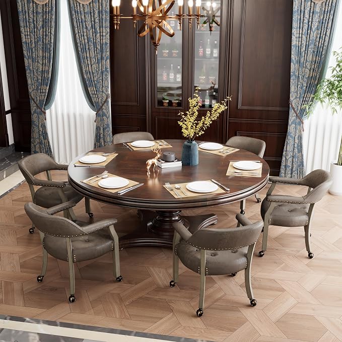 LEEMTORIG Dining Chairs with Casters and Arms, Upholstered Rolling Dining Chairs with Wheels for Elderly, Ergonomic Wide Seat Wooden Office Desk Chairs, 26"Dx25.2"W, Grey Legs & Dark Brown SY-1318-DK