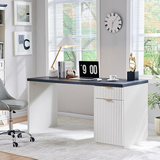 60" Fluted Home Office Desk, Reversible Left‑Right Cabinet, Built‑in Outlet | Reversible design lets you fix the cabinet on left‑hand or right‑hand side to fit your room layout
