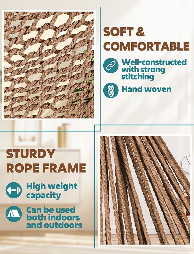 Chihee Hammock Chair Handmade Hanging Chair Cotton Rope Woven Hanging Seat Soft-Spun Large Stretch Hammock Swing, Collapsible Strong Metal Spreader Bar Elegant Macrame Comfort Indoor Outdoor Garden