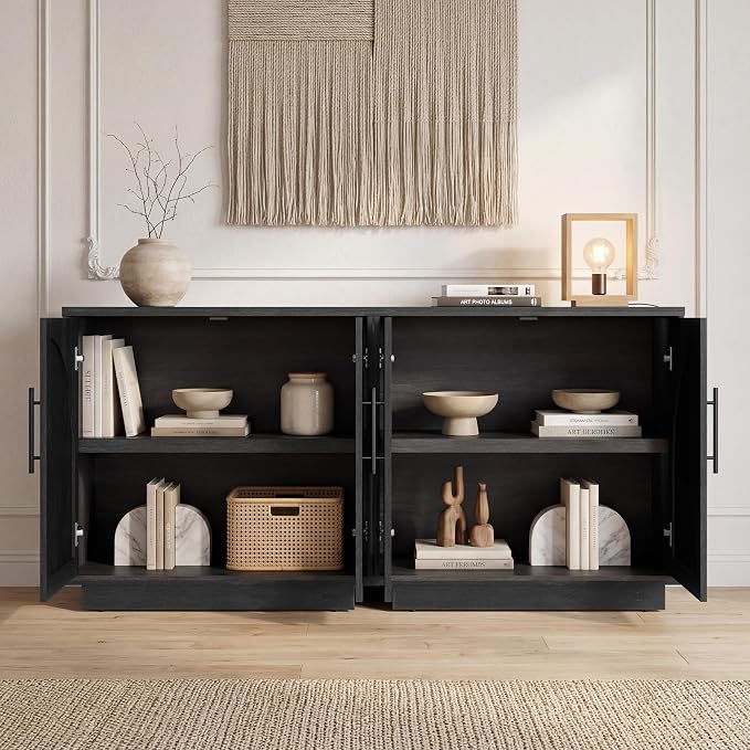 Fatmok Arched Sideboard Buffet Accent Cabinet, 31.5" Credenza with Adjustable Shelf, 4-Piece Modular Coffee Station Storage for Kitchen Living Room Bedroom, Black Grey