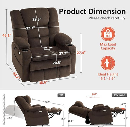 MCombo Big Man Power Lay Flat Lift Chair, Triple Motor Power Lift Recliner with Massage & Dual Heating, Adjustable Headrest, Fabric R7524 (Coffee, Medium-Wide)