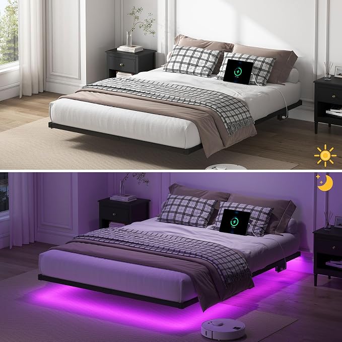YORMDMO Floating Bed Frame Full Size, Heavy Duty Bedframe with Smart LED Lights & Charging Station, Modern Metal Platform Bed, Easy Assembly No Box Spring Needed, 8 Inch