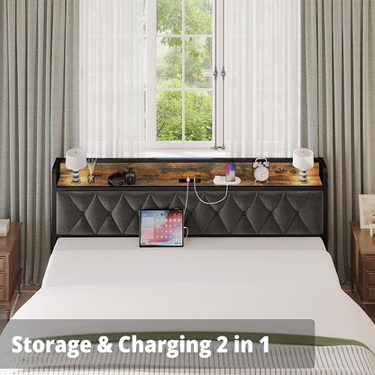 ANCTOR King Bed Frame, Upholstered Tufted Headboard, Storage Shelves & Charging Station, No Box Springs Needed, Sturdy, Noise-Free, Modern Vintage Style