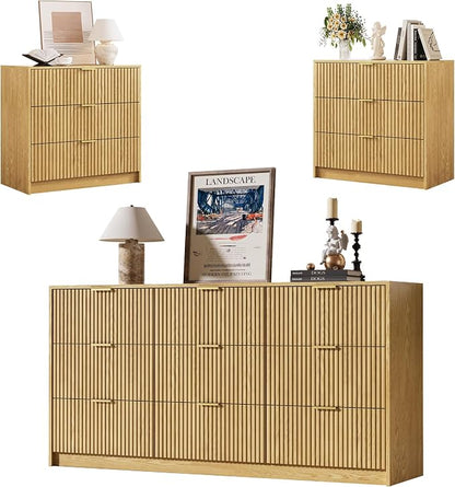 MAISONARIA 3-Piece Dresser Bedroom Set, 9 Drawer Dresser & 3 Drawer Nightstands with Gold Handles, Fluted Wood Chest of Drawers for Bedroom, Living Room, Entryway, Natural