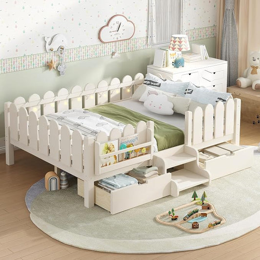 Bellemave Full Size Montessori Bed with Stairs, Lights, Rails and Slats, Full Size Montessori Floor Bed with Bookshelf and 2 Storage Drawers, Easy Assemble Beds Frame for Girls, Boys, Beige