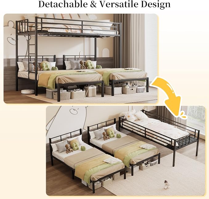 Metal Triple Bunk Bed, Twin Over Twin Over Twin, Black | Charging Station, Heavy Duty Frame, Guardrails and Ladder, Converts to Separate 3 Twin Beds, For Teens Bedrooms