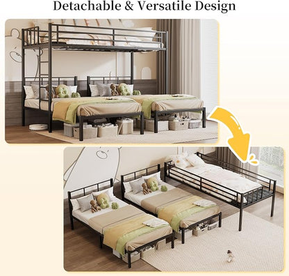Metal Triple Bunk Bed, Twin Over Twin Over Twin, Black | Charging Station, Heavy Duty Frame, Guardrails and Ladder, Converts to Separate 3 Twin Beds, For Teens Bedrooms