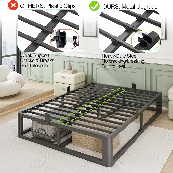 Bilily Metal Heavy Duty 14 inch Full Bed Frame with Rounded Corner and Headboard Hole Mattress Retainers 3500 LBS No Box Spring Needed Platform Noise Free Easy Assembly