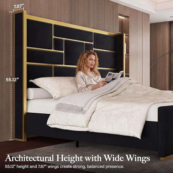 Queen Bed Frame with 55.12" Tall Headboard, Modern Luxury Velvet Upholstered Platform Bed with Gold Trim, Wide Wingback Design, Noise-Free, Easy Assembly, No Box Spring Needed, Black