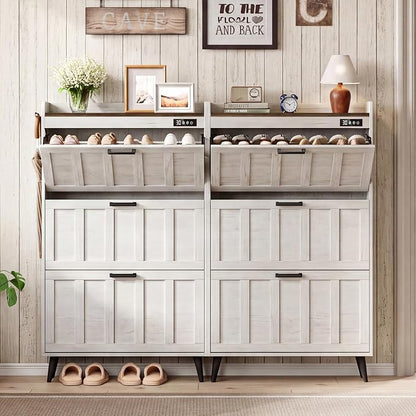 ChooChoo Shoe Storage Cabinet with 3 Flip Drawers, Deodorizing Shoe Organizer Storage for Entryway, Freestanding Hidden Slim Narrow Shoe Rack Cabinet, Antique White & Brown