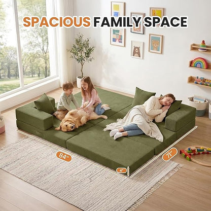 65" Modular Sectional Sofa, Boneless Convertible Sleeper Sofa Bed, Modern Tri-Folding Cloud Couch with L-Shape Chaise, Corduroy Futon Couches for Small Spaces Apartment,No Assembly,Green