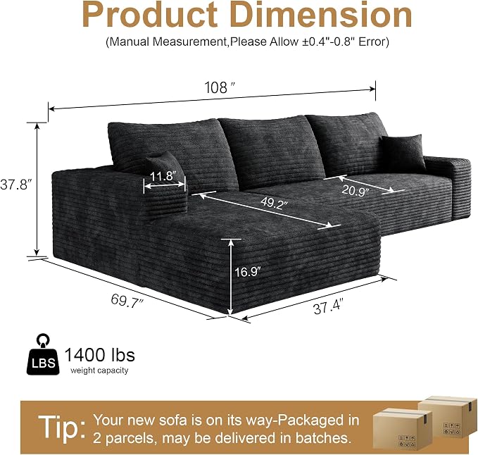 AUGOP 108" Sectional Couches for Living Room Modern Modular Sofa with L-Shape Couchs Upholstered Boneless Couch Deep Seat Sectional Couch with Chaise (Black, Left Facing Chaise+2Seaters)