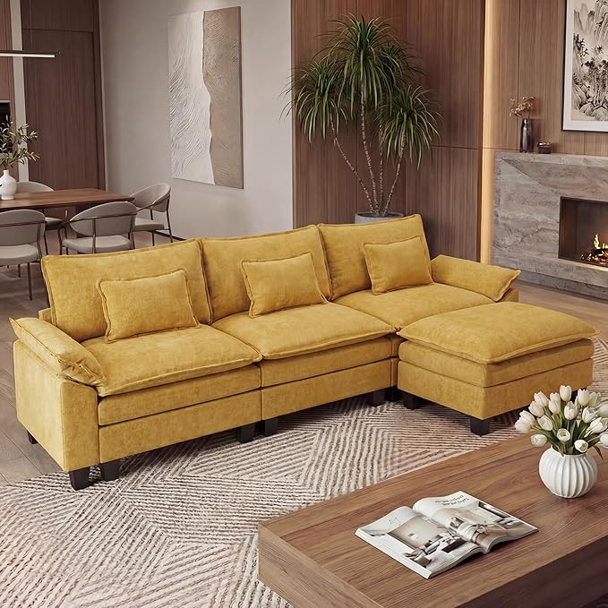 URRED Oversized Modular Sectional Sofa, 122" L Shaped Modern Comfy Cloud Couch with Movable Ottoman & Pillows, Deep Seat Couches for Living Room, Bedroom or Apartment (Chenille Yellow, 122" L Shaped)