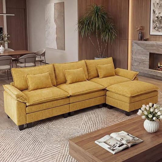 URRED Oversized Modular Sectional Sofa, 122" L Shaped Modern Comfy Cloud Couch with Movable Ottoman & Pillows, Deep Seat Couches for Living Room, Bedroom or Apartment (Chenille Yellow, 122" L Shaped)