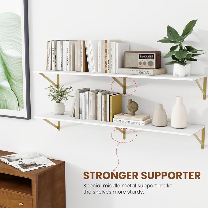 Heimlove Deep Floating Shelves for Wall, 48W x 12D Wood Wall Shelves Set of 2, Wide Floating Bookshelf for Living Room, Kitchen, Office, Bedroom and Decor Storage, with Golden Bracket - White & Gold