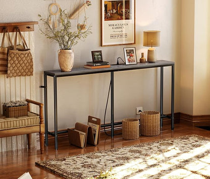 SUPERJARE Console Table with Outlet, 63 Inch Sofa Table with Charging Station, Narrow Hallway Entryway Table, Behind Couch Table Skinny for Entryway, Living Room, Plants, Charcoal Gray
