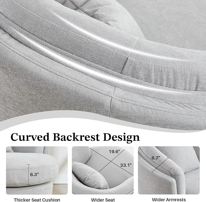 Swivel Accent Chair, Widened Round Barrel Chair with Pillow | Wide Padded Seat, Upholstered Chenille, Silent 360° Swivel Barrel Armchair for Living Room Bedroom Reading Nook, Light Gray