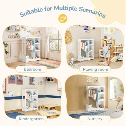 Curipeer Kids Dress Up Storage with Cloud Base & Flower Mirror, Open Hanging Closet Wardrobe for Children, Kids Armoire & Costume Organizer for Bedroom Playroom Preschools Classroom, White