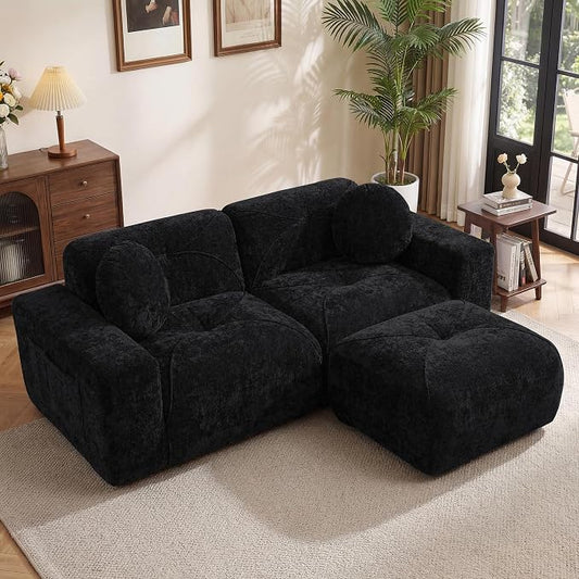 82" Modular Sectional Cloud Couch, L Shaped Sofa Boneless Couches with Movable Ottoman, 2 Deep Seat Modern Comfy Velvet Sofa for Living Room, Bedroom, Apartment (Black)