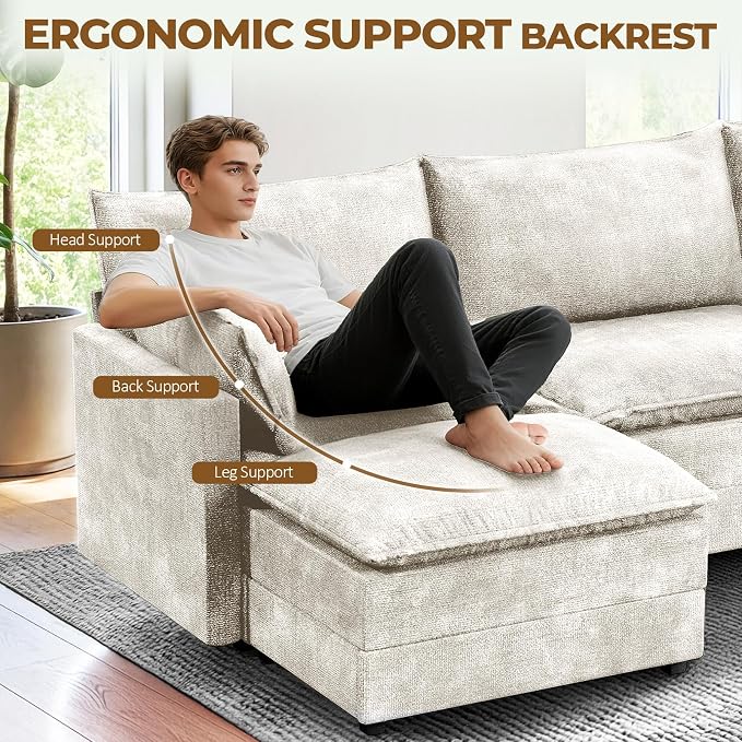 LEVELEVE 112.5" U-Shape Modular Sofa with 2 Ottomans, Deep Seat Cloud Convertible Sleeper, 2 Arm Pillows, Comfortable Upholstered Furniture for Living Room Apartment, Beige