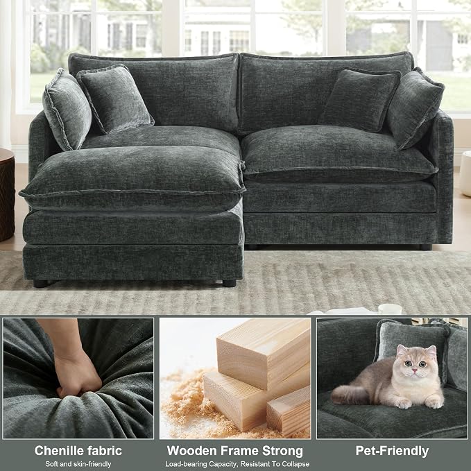Modular Sectional Sofa with Ottoman: 76.7" Modern L Shaped Sectionals Cloud Couch, Comfy Couch Loveseat, 3 Seat Chenille Deep Seat Sofa with Pillow for Living Room,Bedroom Apartment,Small Spaces-Grey