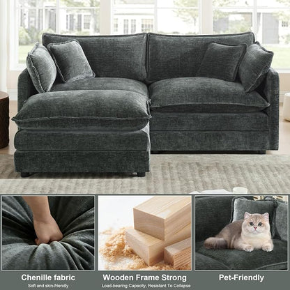 Modular Sectional Sofa with Ottoman: 76.7" Modern L Shaped Sectionals Cloud Couch, Comfy Couch Loveseat, 3 Seat Chenille Deep Seat Sofa with Pillow for Living Room,Bedroom Apartment,Small Spaces-Grey