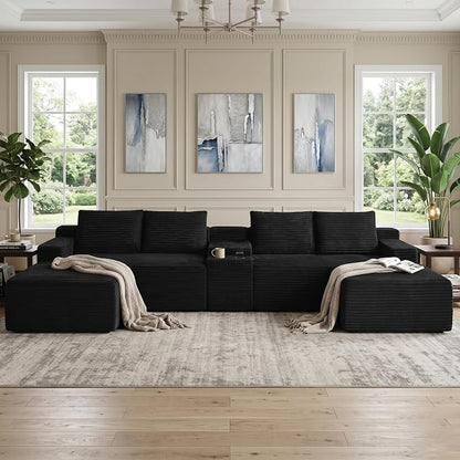 ivoros 140 Inch Modular Sectional Sofa Couch, Oversized Modern Cloud Couch for Living Room, U Shape Couches with 2 Ottomans and Cup Holders,Black Corduroy Boneless Sofas,Sofa in a Box
