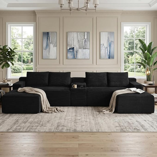 ivoros 140 Inch Modular Sectional Sofa Couch, Oversized Modern Cloud Couch for Living Room, U Shape Couches with 2 Ottomans and Cup Holders,Black Corduroy Boneless Sofas,Sofa in a Box