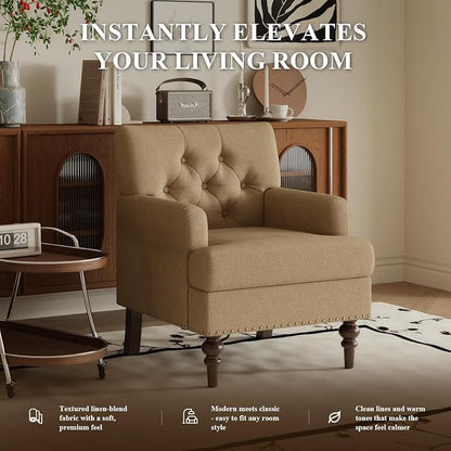 MALOL Upholstered Accent Chair, Comfy Reading Chair for Living Room, Mid Century Modern Armchair with Thick Cushion & Solid Rubberwood Legs, for Bedroom/Small Spaces, Brown