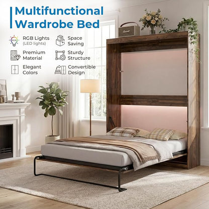 Mjkone Full Murphy Bed, Cabinet Beds Full Size, Modern Hidden Murphy Wall Chest Beds with Space-Saving Design, Adults Cabinet Guest Bed with 16 Colors of LED Lights for Bedroom, Apartment - Brown