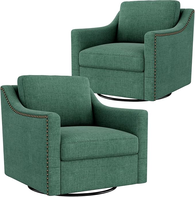 Swivel Accent Chair Set of 2，Armchair，Bronze Nail Decoration Comfy Living Room Chair,Single Sofa Chair，Reading Chairs,for Living Room Bedroom Reading Apartment (Green, 2 Green)