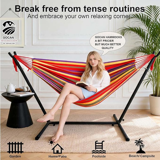 GOCAN Brazilian Double Hammock 2 Person Extra Large 220x160cm Total Length 330cm Load 500lb Canvas Cotton Hammock for Patio Porch Garden Backyard Lounging Outdoor and Indoor(Rainbow) XXL
